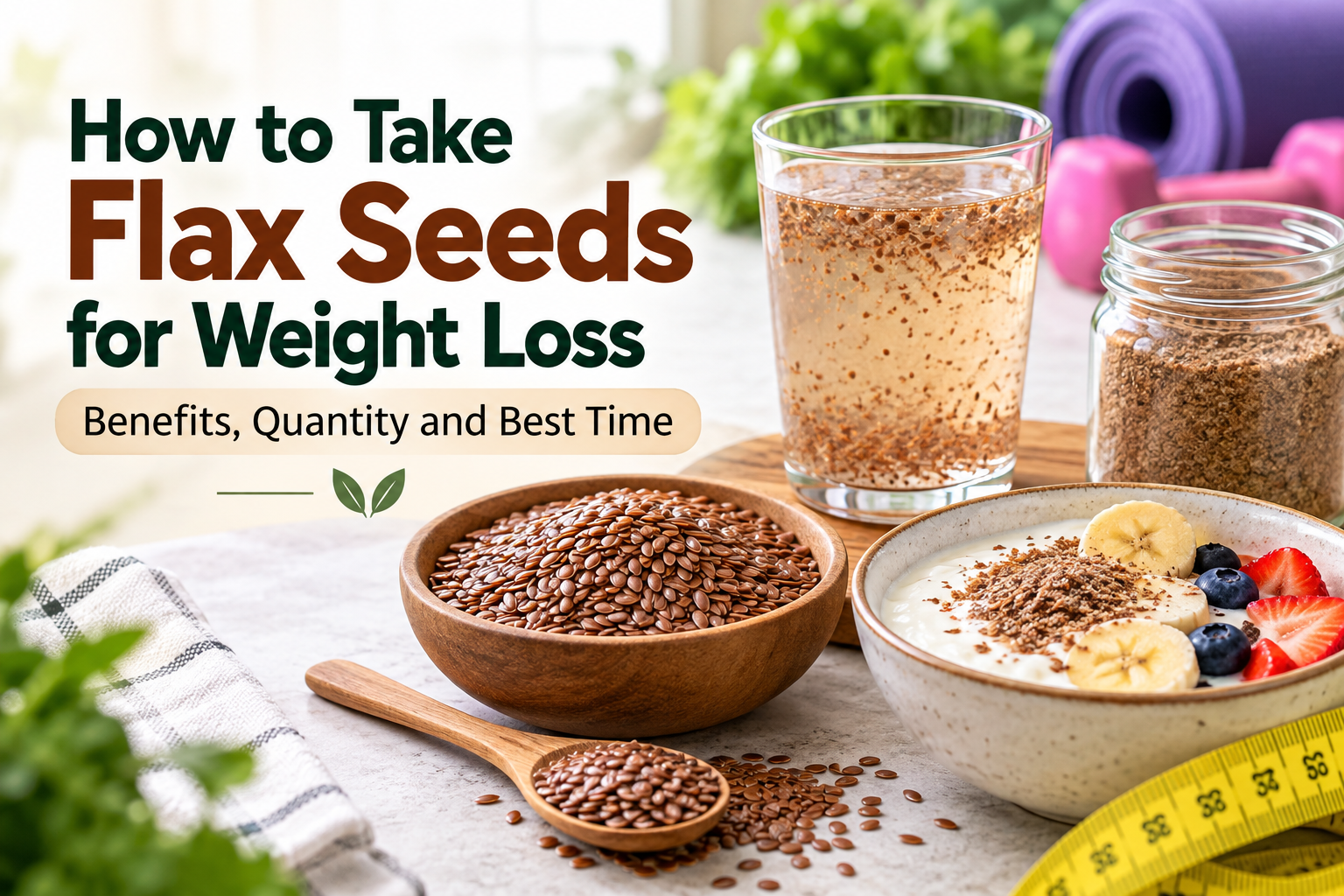 Flax seeds, flaxseed water and yogurt with fruit for a balanced weight-loss diet