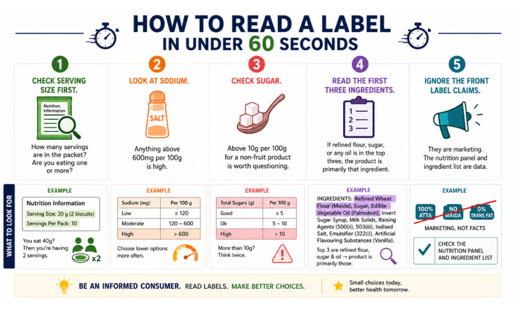 A guide on how to read food labels in under 60 seconds, detailing five steps: check serving size, look at sodium, check sugar, read the first three ingredients, and ignore front label claims. Each step includes a brief explanation and an example.