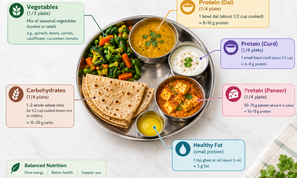 Simple balanced meal-building formula with Indian foods