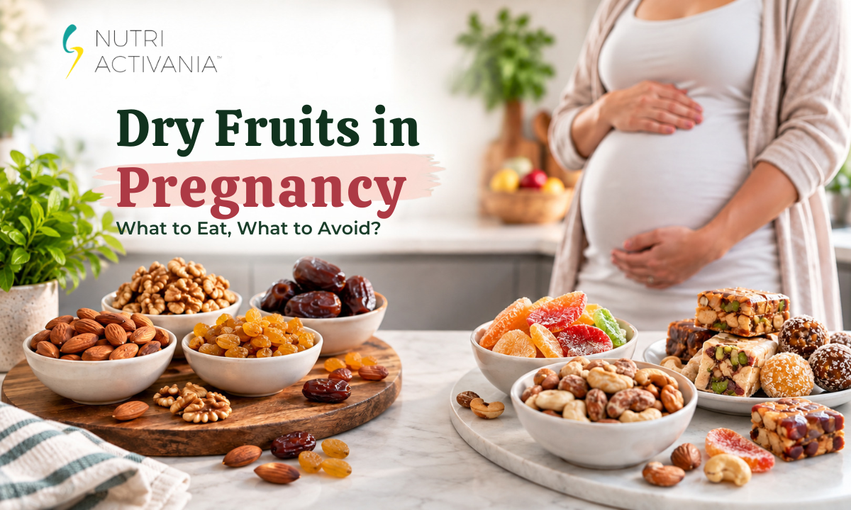 Pregnant woman with a bowl of assorted nuts and dried fruits