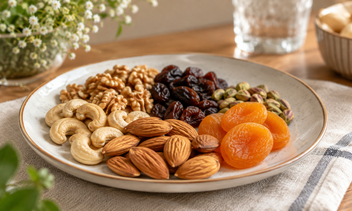 Small portion of mixed nuts and dried fruits for pregnancy