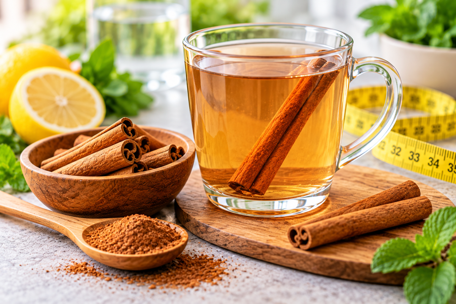 Cinnamon water with cinnamon sticks, fresh lemon and a measuring tape on a kitchen table.