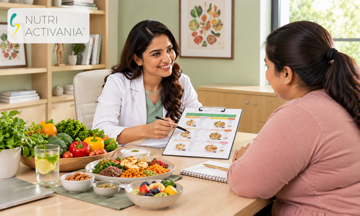 Dietitian consulting with a client about personalized nutrition plans and healthy weight loss strategies.