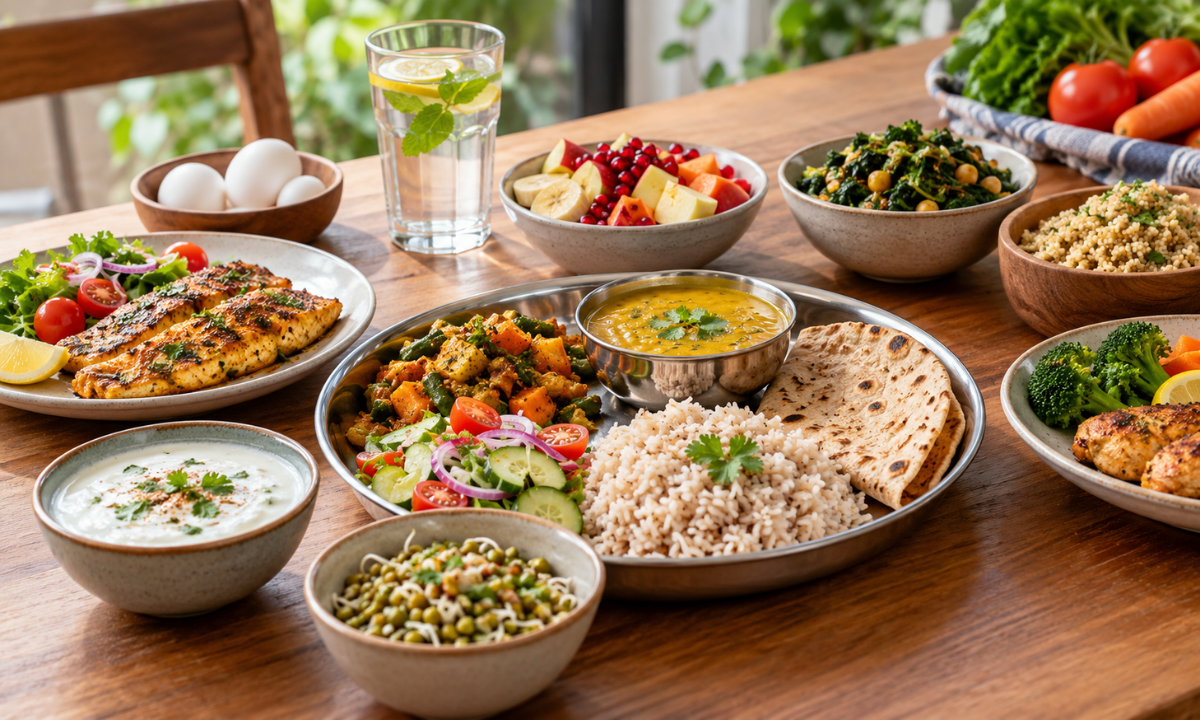 A balanced Indian weight loss meal featuring roti, dal, vegetables, salad, and healthy portions.