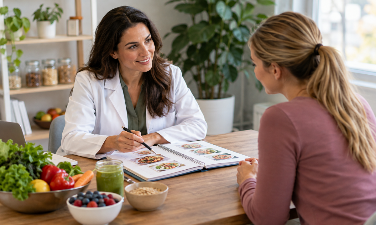 A registered dietitian guiding a client through a personalized weight loss and nutrition plan.