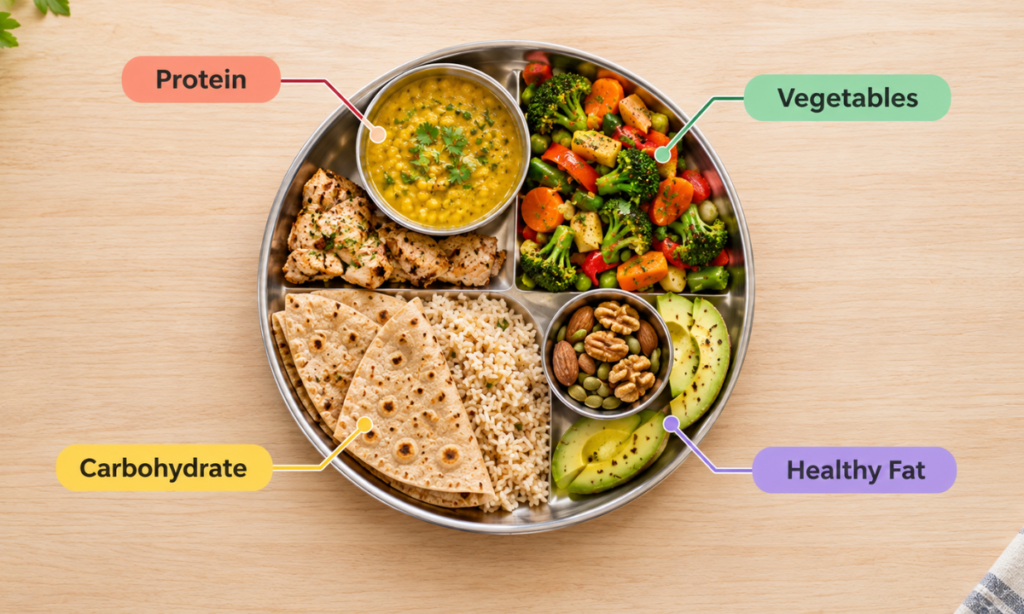 Balanced weight-loss plate with healthy Indian foods.