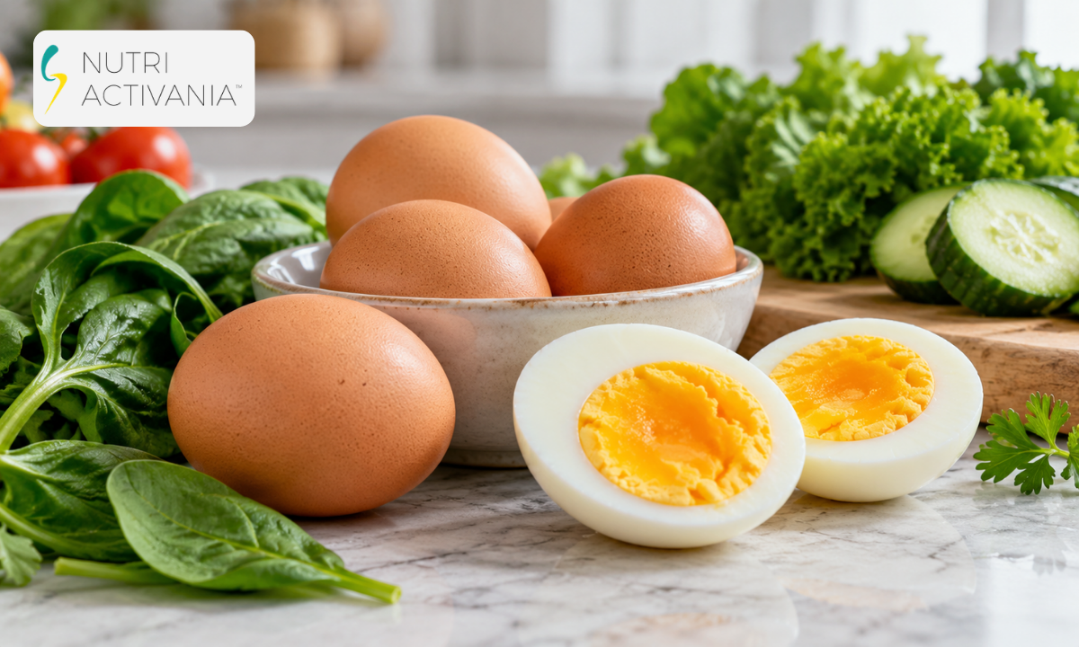 A whole egg showing its key nutrients, including protein, vitamins, and minerals.