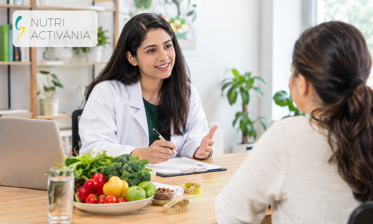 Registered dietitian consulting with a client about weight loss nutrition, healthy foods, and personalized dietary planning.